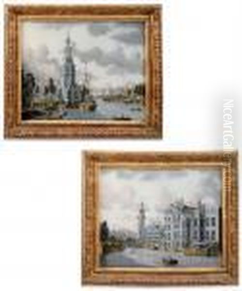 Views Of The Binnenamstel Met Munttoren And Of The Oude
Schans Met Montelbaanstoren Oil Painting by Jonas Zeuner