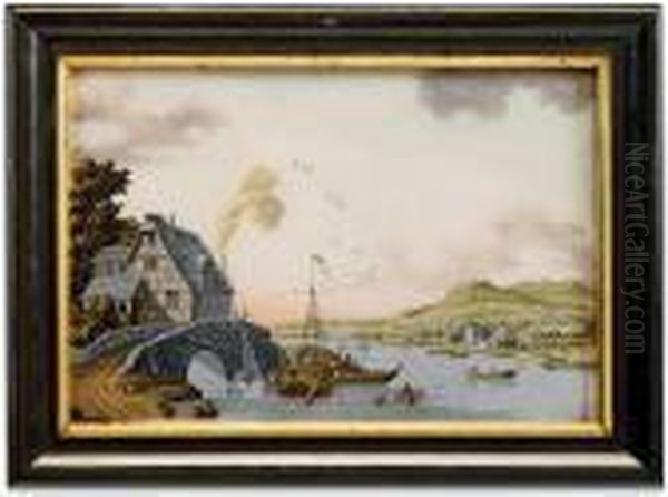 A River View With A Stone Bridge, A House And Distant
Hills Oil Painting by Jonas Zeuner