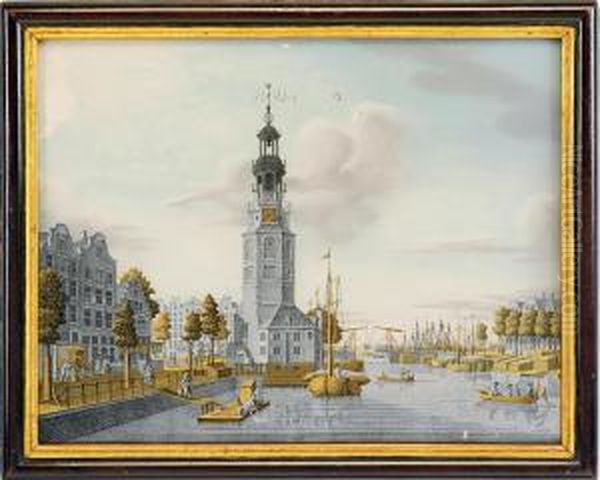 A Dutch Verre Eglomise View Of Amsterdam Oil Painting by Jonas Zeuner