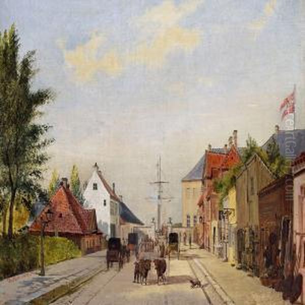 View Of The Street Leading To Toldboden (customs House) Incopenhagen Oil Painting by Christian Olavius Zeuthen