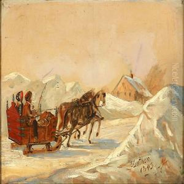 Sledge Driving In A Winter Landscape Oil Painting by Christian Olavius Zeuthen