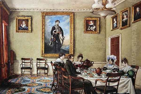 Dining room at Langton Hall, family at breakfast, c.1832-33 Oil Painting by Mary Ellen Best