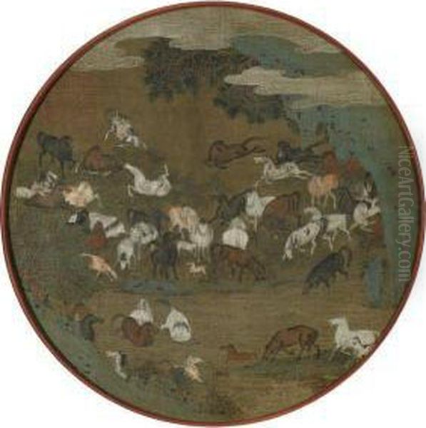 Horses Frolicking By A River Oil Painting by Zhao Guangfu