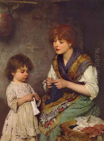 The Knitting Lesson Oil Painting by Eugene de Blaas