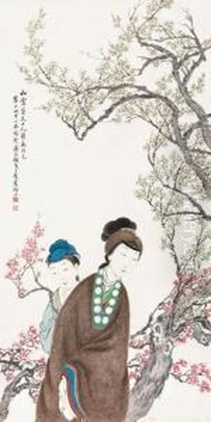 Ladies And Plum Blossoms Oil Painting by Pan Zhenyong