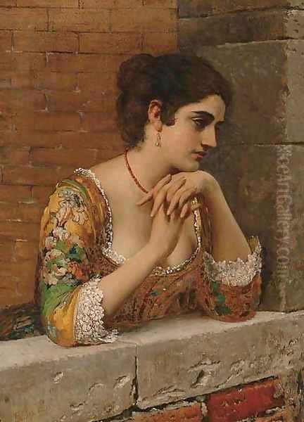 Venetian Beauty on Balcony Oil Painting by Eugene de Blaas