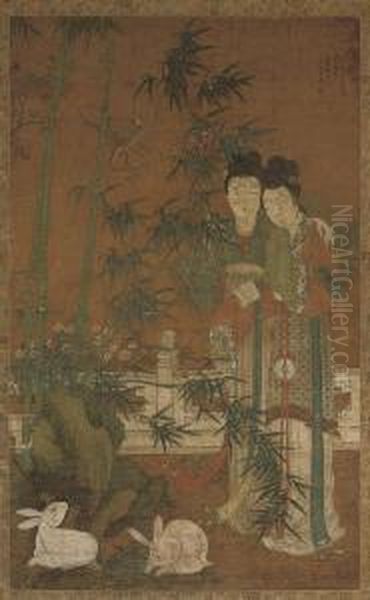 Two Exotic Birds Amongst Bamboo And Flowers To One Side Of The Terrace Oil Painting by Fang Zhou