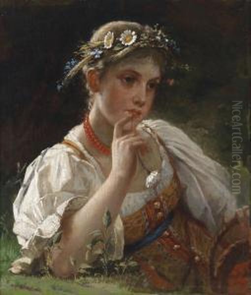 Girl With Wreath Of Flowers Oil Painting by Firs Sergeyevich Zhuravlev