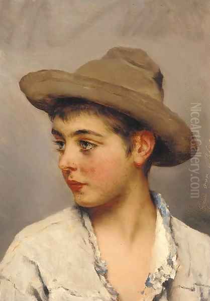 A young boy wearing a stetson Oil Painting by Eugene de Blaas