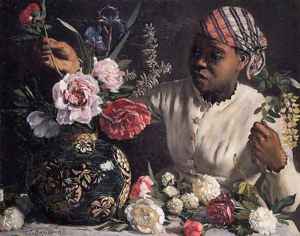 African woman with Peonies, 1870 Oil Painting by Frederic Bazille