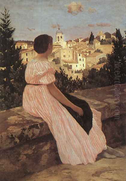 The Pink Dress (View of Castelnau-le-Lez, Hérault) 1864 Oil Painting by Frederic Bazille