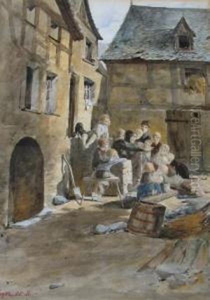 Children Gathered Around An Old Woman In A Courtyard Oil Painting by Hugo Zieger