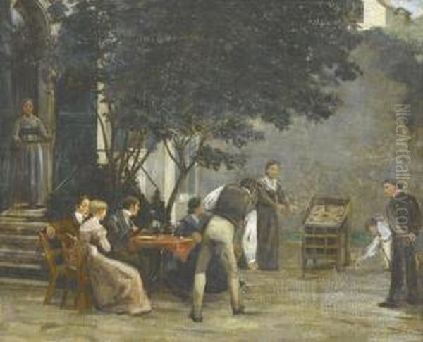 Vornehme Gesellschaft Beim Spiel In Einem Garten. Oil Painting by Ziegler, Christophe Francois De