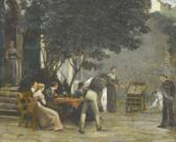 Vornehme Gesellschaft Beim Spiel Im Garten. Oil Painting by Ziegler, Christophe Francois De