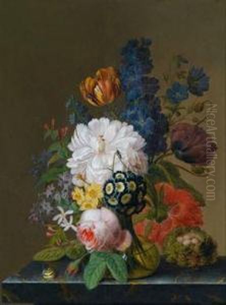 Blumenstillleben In Einer Glasvase Auf Einer Marmorplatte Oil Painting by Georg Frederik Ziesel