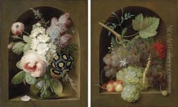 Roses, Hyacinth And Other Flowers In A Glass Vase In A Stone Niche; And Grapes, Cherries And Wheat With A Snail In A Stone Niche Oil Painting by Georg Frederik Ziesel