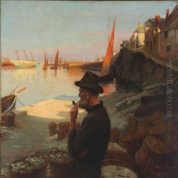 Fisherman Overlooking The Habour In The Evening Sun Oil Painting by Eugene Zigliara