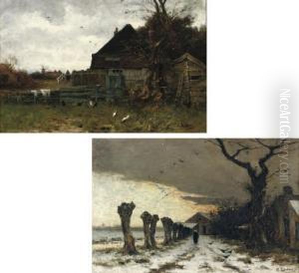 A Farmhouse In Autumn; And Winter In A Village Oil Painting by Philip Zilcken