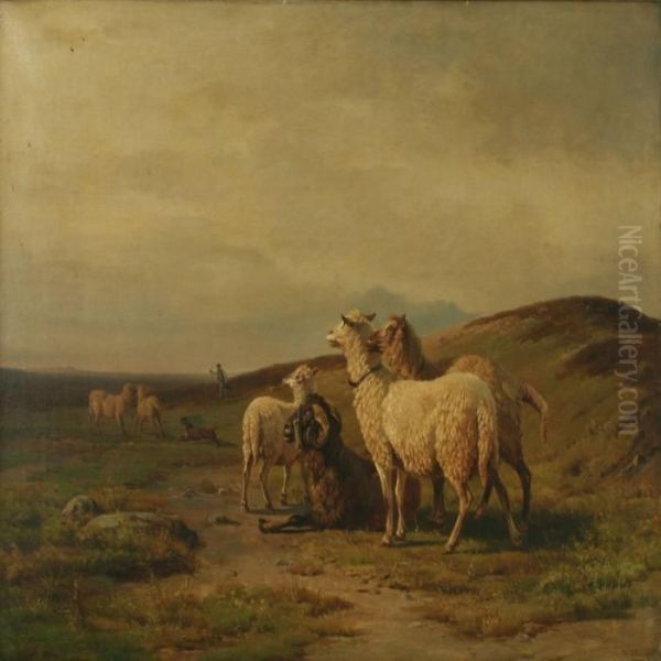 Landscape With A Dog, Sheep And Theirpasture Oil Painting by Wilhelm Zillen