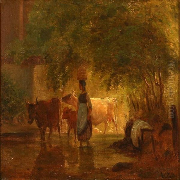 Country Girl Withcows Oil Painting by Wilhelm Zillen