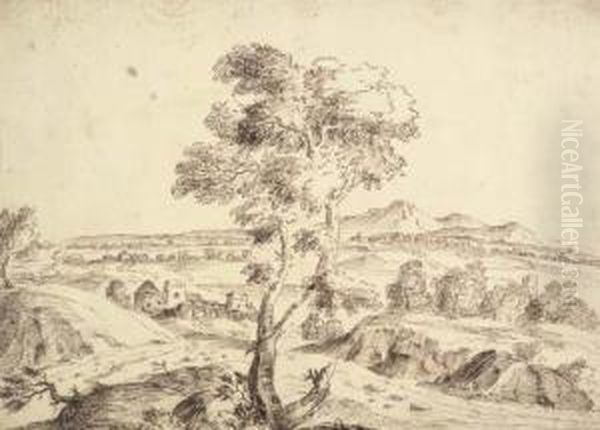 An Extensive Landscape With A Tree In The Foreground Oil Painting by Domenico Bernardo Zilotti