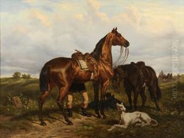 A Groom With Two Horses And A Greyhound Oil Painting by Zimer