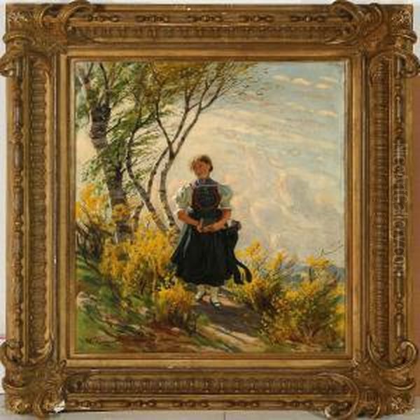 A Girl Ona Path Oil Painting by Wilhelm Carl Zimmer