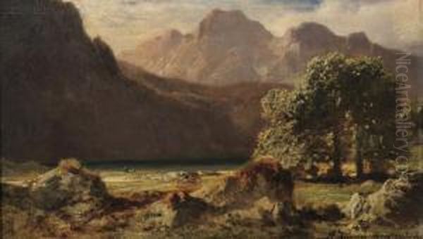 Mountain View By A Lake Oil Painting by August Albert Zimmermann