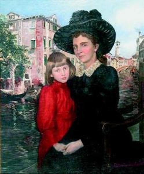 Madre E figlia Ritratte Su Sfondo Veneziano Oil Painting by Alfred Zimmermann