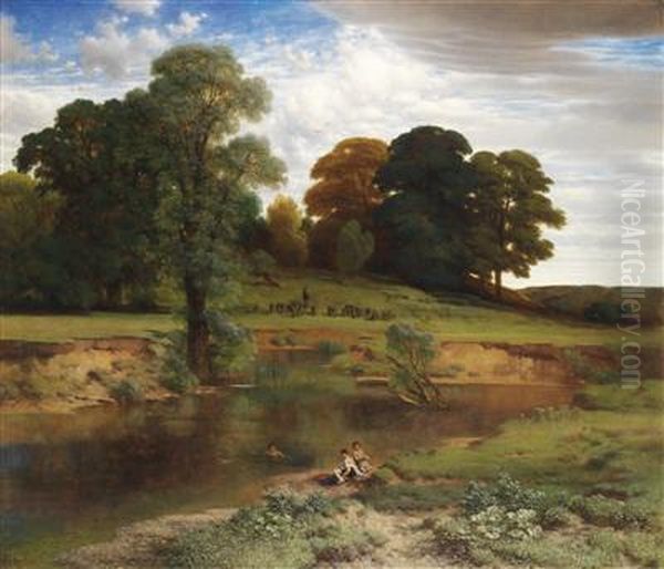 Landscape With Boys Swimming Oil Painting by August Richard Zimmermann