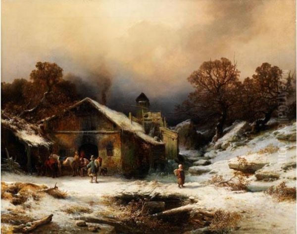 Verschneite Landschaft Mit Bauernhausund Figurenstaffage Oil Painting by August Richard Zimmermann