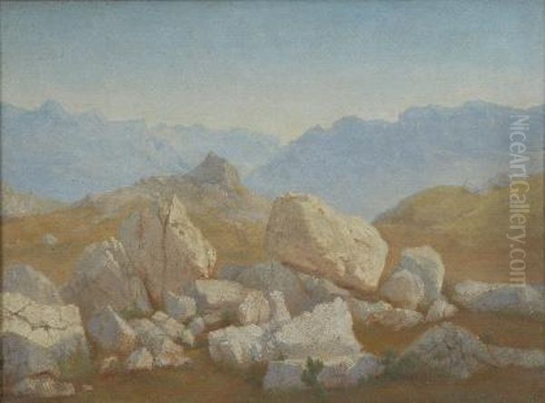 Gebirgslandschaft, Mit Felsen Im Vordergrund Oil Painting by August Richard Zimmermann