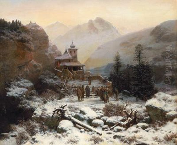 Winterlicher Kirchgang Oil Painting by August Richard Zimmermann