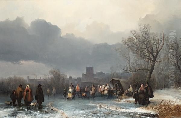 Winter Scene With Figures Skating Before A Town Oil Painting by August Richard Zimmermann