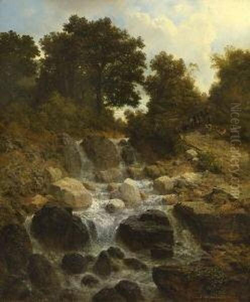 Hirtin Mit Herde Am
 Wasserfall. Oil Painting by August Richard Zimmermann