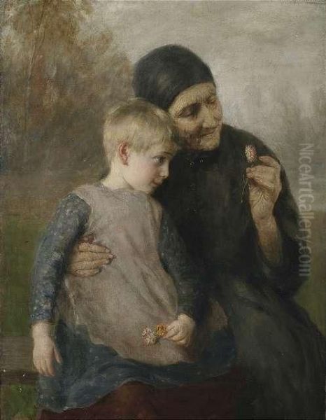 Peasant Woman With Granddaughter In Front Of A Landscape Oil Painting by Ernst Karl Georg Zimmermann