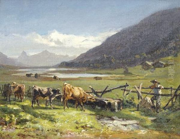 Alplandschaft Mit Kuhen Und Hirten Oil Painting by Friedrich Zimmermann