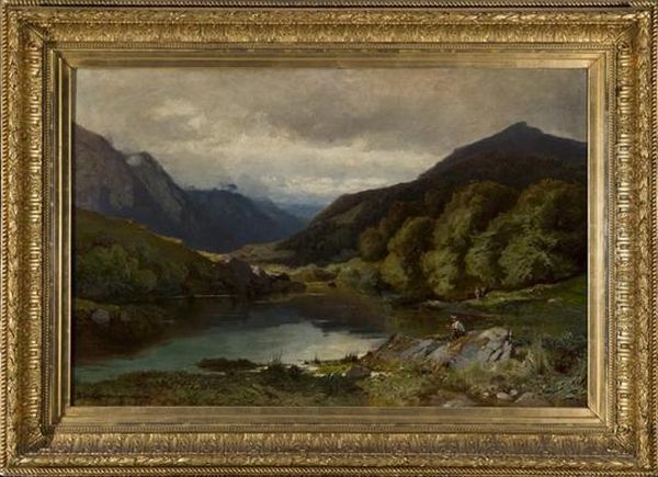 A Mountainous Landscape With Pond And Figures Oil Painting by Friedrich Zimmermann