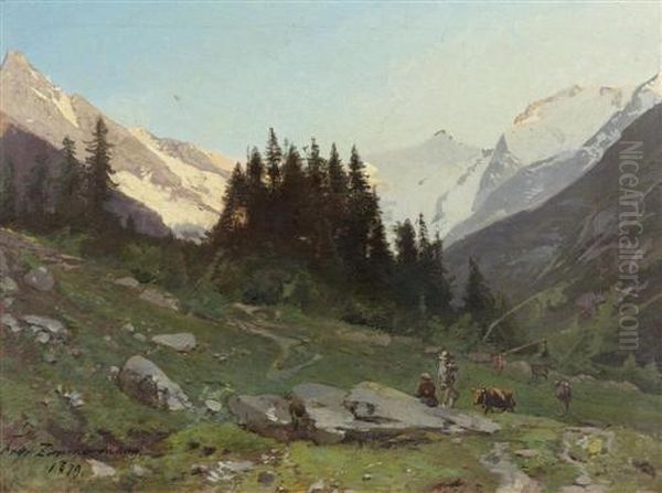 Gebirgslandschaft Mit Personen Und Kuhen. 1897. Oil Painting by Friedrich Zimmermann