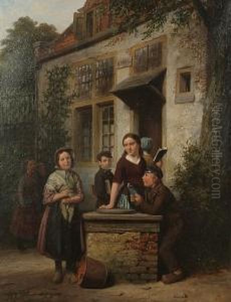 Children Before Their School Oil Painting by Jan Wendel Gerstenhauer Zimmermann