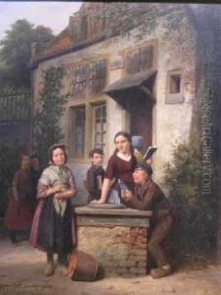 Children Before A School Oil Painting by Jan Wendel Gerstenhauer Zimmermann