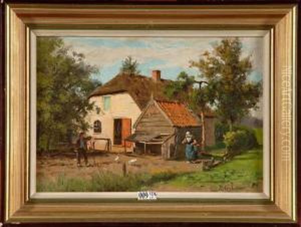 Cour De Ferme Animee En Hollande Oil Painting by Johann Georg Gerstenhauer Zimmerman