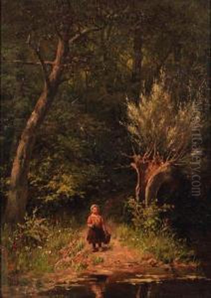 Little Girl At A Forest Moor Oil Painting by Johann Georg Gerstenhauer Zimmerman