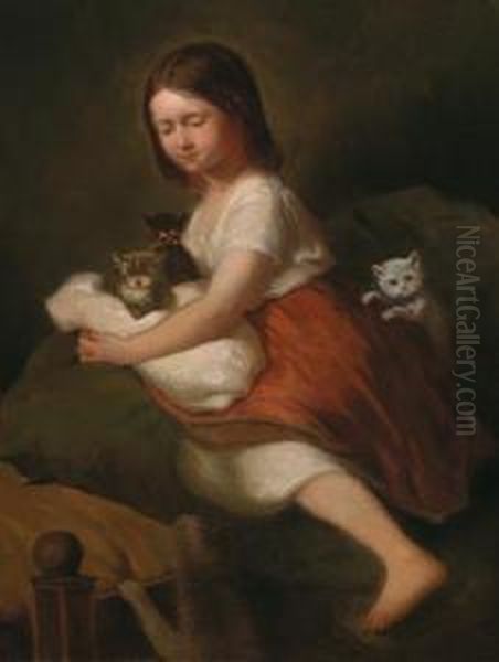 Daughter Helene With Cats Oil Painting by Julius Zimmermann