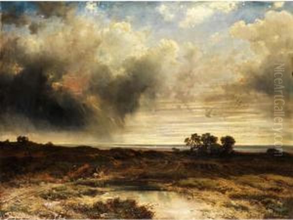 Flache Kustenlandschaft Mitheraufziehendem Gewitter Und Zwei Reitern An Einem Tumpel Oil Painting by Robert Zimmermann