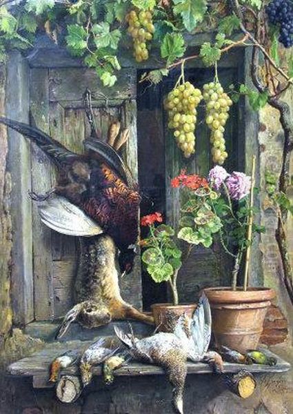 Still Life With Dead Game Mounted In A Window Oil Painting by Aurelio Zingoni