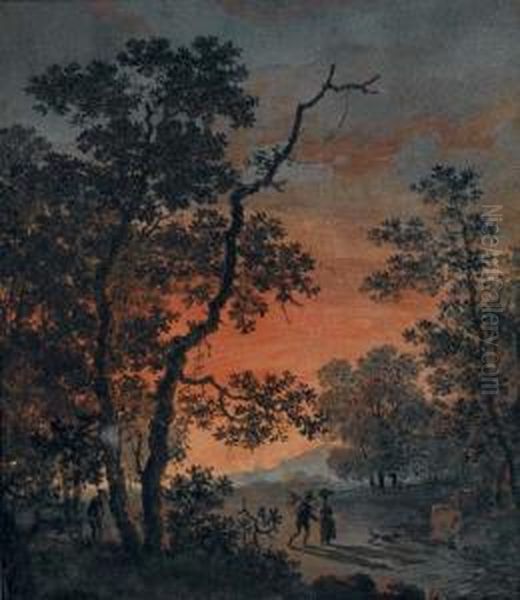 Un Homme Et Une Femme Sur Un Chemin Borde D'arbres Au Soleil Couchant Oil Painting by Benjamin Zix