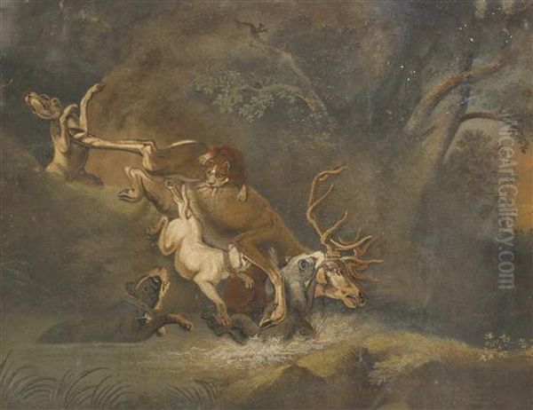 Depicting The Death Of A Stag, In Giltwood And Gesso Frame Oil Painting by Benjamin Zobel