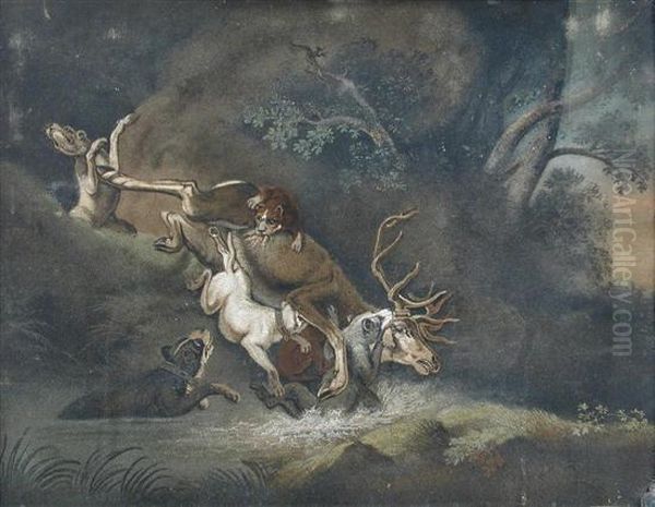 Worked With A Stag Hunting Scene Oil Painting by Benjamin Zobel