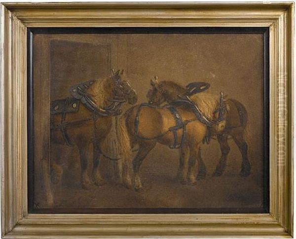 A Sand Picture Depicting Plough Horses 
The Two Horses In Their Harnesses, With Afurther Horse Behind, Signed Oil Painting by Benjamin Zobel